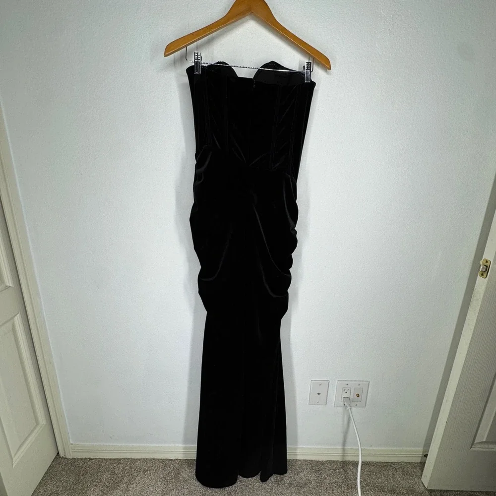 Fashion Nova Black Velvet Boned Corset Strapless Ruched Maxi Dress Size M Glam